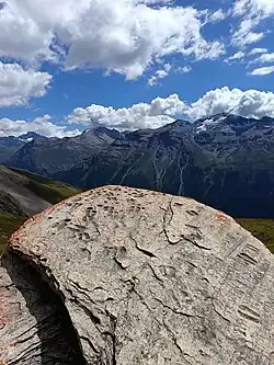 Pierre gravée de pieds et de cupules
