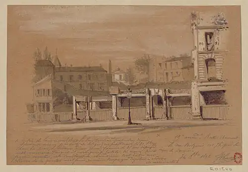 Le no&nbsp;76 en construction, où fut retrouvé le 20 octobre 1892 le cadavre d'une femme de 25 ans découpé en douze morceaux (dessin de Jules-Adolphe Chauvet).