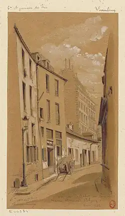 Au coin de la rue Bernard Palissy en 1892 (dessin de Jules-Adolphe Chauvet).