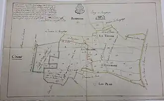Plan de la seigneurie de la Hallière en 1781, un petit rectangle symbolise l'emplacement de l'ancien château.