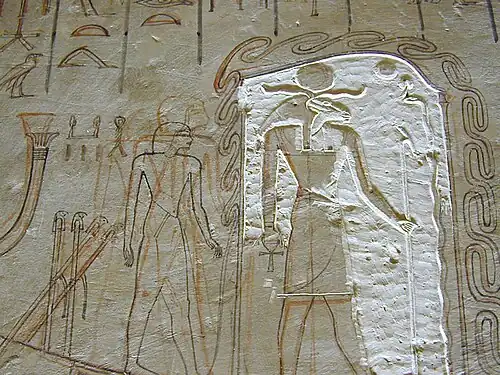 Tombe d'Horemheb, fin XVIIIe&nbsp;dynastie. Du dessin à la sculpture en bas-relief, travail inachevé. KV57, vallée des Rois
