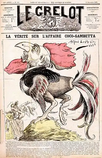 Homme caricaturé en coq mutilé.