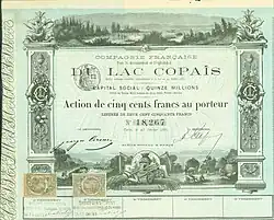 Action de la Comp. francaise pour le dessèchement et l'exploitation du Lac Copaïs en date du 25 février 1881.
