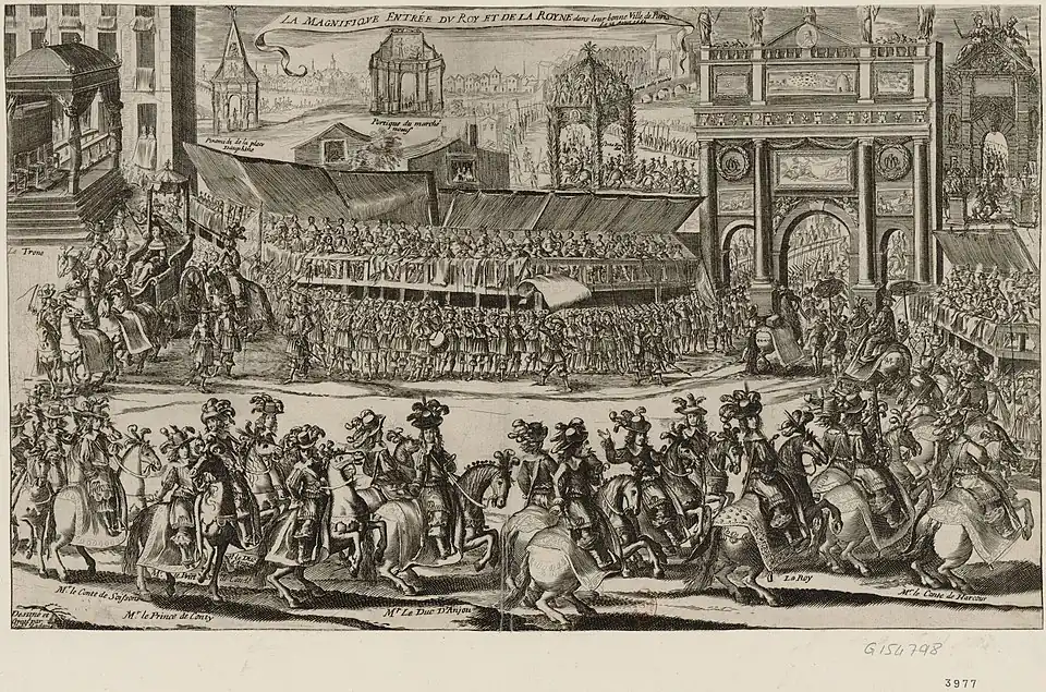 La porte Saint-Antoine (à l'extrême droite) lors de l'entrée de Louis XIV en 1660.