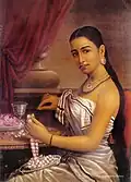 Damoiselle tissant une guirlande de fleur ; elle est habillée en mundum neriyatum du Kerala. Tableau de Ravi Varma.