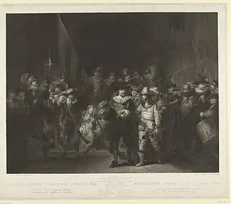 Lambertus Antonius Claessens, La Ronde de nuit de Rembrandt, 1797, eau-forte, 56,2&nbsp;×&nbsp;66,3&nbsp;cm.