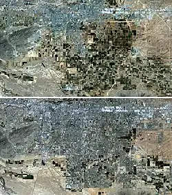 Photographies satellites du même lieu à trente ans d'écart : sur la seconde, la banlieue résidentielle occupe les zones précédemment agricoles.