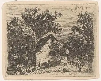 Paysage avec un homme appuyé sur un bâton parlant à une femme et un enfant, gravure, Rijksmuseum Amsterdam.