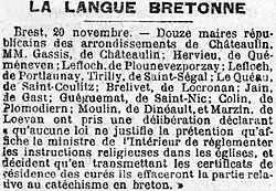 Protestation de 12 maires de l'arrondissement de Châteaulin (dont le maire de Port-Launay) qui déclarent refuser d'indiquer sur les certificats de résidence des curés s'ils utilisent la langue bretonne lors de l'instruction religieuse (catéchisme, sermons).