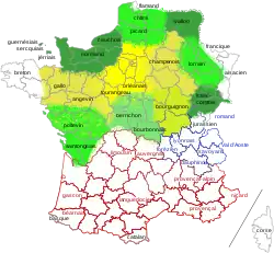 Carte des langues d'oïl. Le saintongeais est très proche du poitevin.