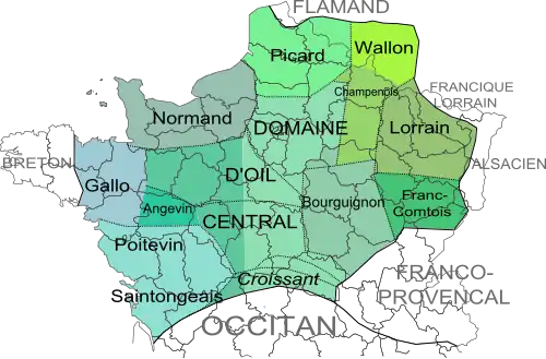Carte illustrant la répartition géographique des langues d'oïl selon Marie-Rose Simoni Aurembou.