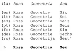 Latin : rosa-geometria-sex ; anglais : rose-geometry-six ; italien : rosa-geometria-sei ; espagnol et portugais : rosa-geometria-seis ; français : rose-géométrie-six ; allemand : Rose-Geometrie-sechs ; russe : roza-guéometria-chest' ; d'où en latino : rosa-geometria-sex.