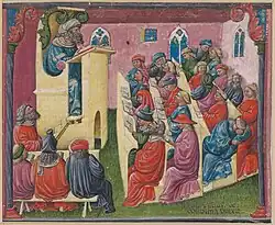 Tableau représentant un professeur en chaire devant ses étudiants.