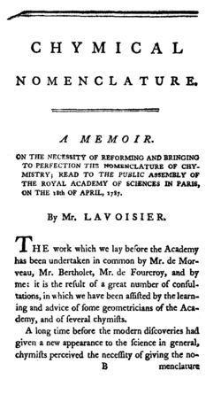 Première page de la Chymical Nomenclature de Lavoisier en anglais.