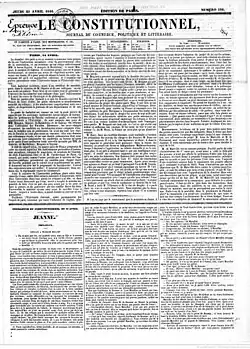 Première page du Constitutionnel qui comprend uniquement du texte. Le premier épisode de Jeanne figure sur le tiers inférieur de la page.