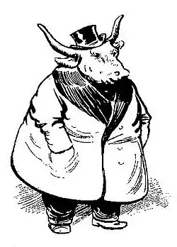 Gravure figurant un bœuf gras debout et habillé d'un pantalon, d'un par-dessus et d'un chapeau haut-de-forme