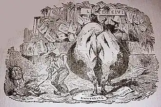 Gravure figurant l'arrière-train d'un bœuf et un homme qui lui donne à manger des enfants et des papiers représentant le budget de l'état