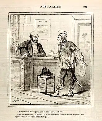 Dessin de presse montrant un homme debout, l'épée au côté et un document à la main, devant un homme assis à un bureau, un bicorne posé sur un tabouret.