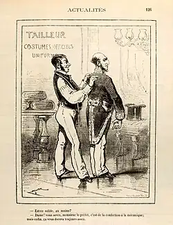 Dessin de presse montrant un homme hilare qui habille un autre homme avec un uniforme.