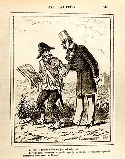 Dessin de presse montrant un homme coiffé d'un haut-de-forme qui agrippe le bras d'un autre homme portant un bicorne et tenant un journal à la main.