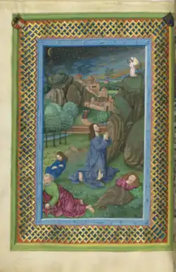 Le Christ au Mont des Oliviers. Missel de Salzbourg,t. II (1478-1489). Bibliothèque d'État de Bavière, Munich, Clm 15709, fol. 89r.