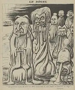 Dessin monochrome dépeignant les membres du cabinet Combes sous la forme de bonhommes de neige en train de fondre sous les premiers feux du Soleil-1905.