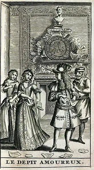 Deux femmes sur la gauche semblent vouloir s'éloigner d'un personnage de marquis derrière lequel se tient un valet.