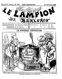 Gravure montrant un homme barbu en tenue de cuisinier devant une grande marmite bouillante et cadenassée.