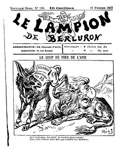 Gravure montrant un âne donnant un coup de pied à un lion à tête d'homme barbu.
