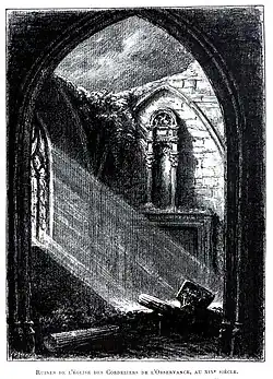 Ruine de l'église des Cordeliers de l'Observance, au XIXe&nbsp;siècle, dessin de Joannès Drevet.