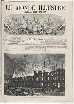 Une du journal Le Monde Illustré, dont la moitié de page est couverte par une illustration du palais ducal en flammes.