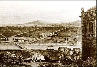 La gare et le pont du Pecq depuis la terrasse de Saint-Germain.