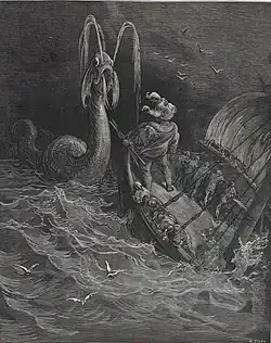 Un monstre marin surgit devant le bateau.