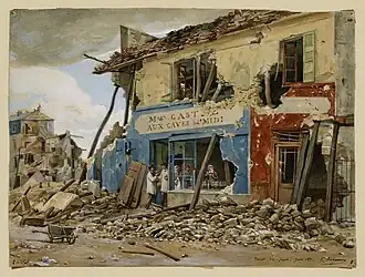 Peinture montrant des maisons détruites.