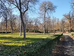 Une partie moins fréquentée du parc, avec pelouse, arbres et chemins