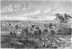 Gravure montrant une vue d'ensemble de la ville.