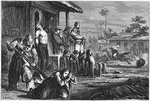 Les victimes d'Ibarra lors de la répression de 1840. Gravure d'Horace Castelli, Le Tour du monde, 1er janvier 1861.