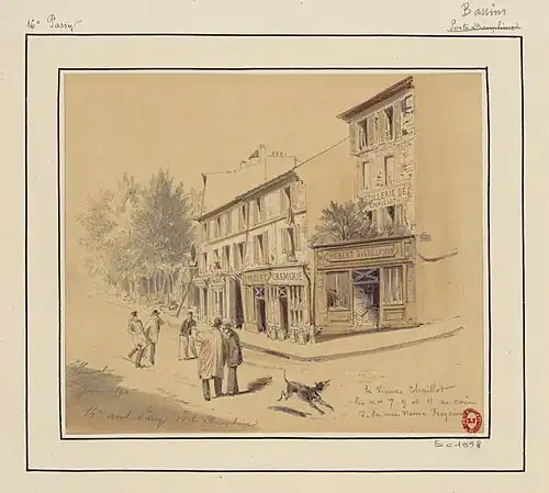 Vue du coin de la rue de Chaillot et de la rue Neuve-Freycinet en 1894 (dessin de Jules-Adolphe Chauvet).