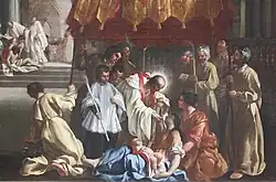 Le bienheureux Bernardo Tolomei donnant la communion aux malades de la peste. Détail, XVIIe&nbsp;siècle, École italienne.