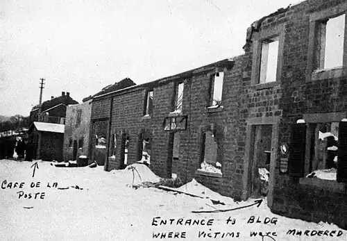 Le Café de la Poste de Bande, l'hôtel de la poste (détruit) et la maison Bertrand (détruite) où furent exécutées les victimes.