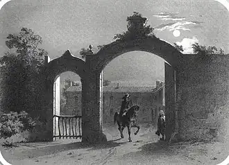 Gravure représentant Charette, à cheval, qui franchit le portail de son château.