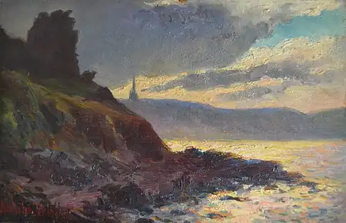 Le clocher de la Clarté vu de la route de Trestrignel, huile sur panneau, vers 1914, coll. particulière.