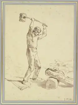 Un homme torse nu frappant, avec un très gros maillet tenu à deux mains, sur un coin enfoncé dans un tronc horizontal à ses pieds.