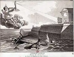 Un angelot tenant à la main le Contrat social réfléchit le soleil vers l'Assemblée, tandis qu'un prêtre, un noble et un militaire font naufrage.