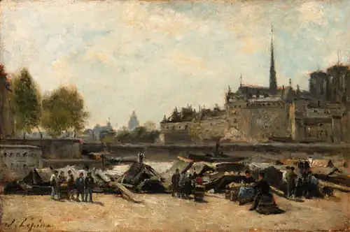 Le Marché aux pommes, Quai de Gesvres et Quai de l'Hôtel-de-Ville, près du Pont d'ArcoleStanislas Lépine, 1884-1888Collection privée, Vente 2000.
