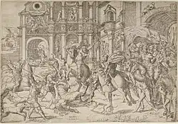 Le meurtre de Jézabel, gravure anonyme d'un membre de l'École de Fontainebleau (1550).