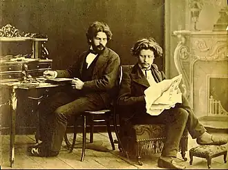 Le peintre Adrien de Witte et le photographe Léonard-Hubert Zeyen, vers 1870 (tirage photographique noir et blanc ; 21,8&nbsp;×&nbsp;27,9&nbsp;cm), Liège, Musée de la Vie wallonne.