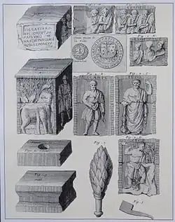 Planche des antiquitez celtiques trouvées à N.D. de Paris en 1711, dans Histoire de la ville de Paris, Félibien, 1725.