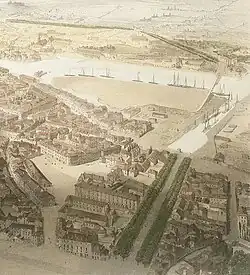 Dessin aérien ancien montrant un port et une île en cours d'urbanisation.