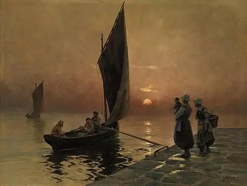 Le retour des pêcheurs - Huile sur toile, signée en bas à dr., 47&nbsp;×&nbsp;61&nbsp;cm, localisation inconnue.